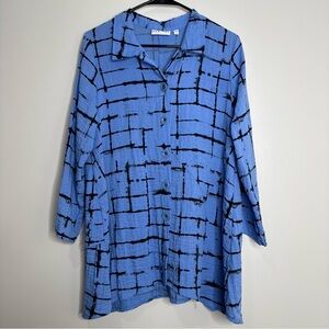 Habitat Blue Black‎ Rayon Blend Colored Abstract Longline Tunic Button Up Shirt